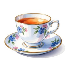 Fototapeta premium Elegant porcelain teacup filled with brewed beverage rests on matching floral saucer