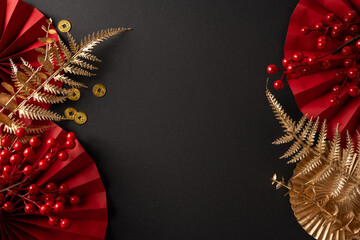Plakat A festive scene with red fans, gold fern leaves, and berries frame a black backdrop, suitable for New Year greetings, invitations, and seasonal messages