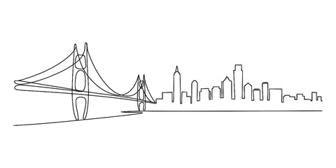 Continuous line art illustration of the golden gate bridge and a modern city skyline silhouette Vector, illustration
