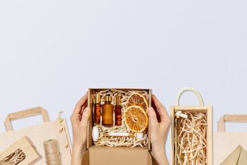 Gift Set With Natural Skincare In Eco Packaging On Pastel Background. Concept Of Organic Beauty Zero Waste Holiday Shopping Sustainable Lifestyle And Branding For Clean Cosmetic Products