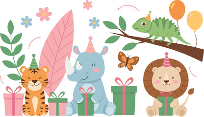 Fototapeta premium Cute Cartoon Jungle and Safari Animals Birthday Party Vector Set; Tiger, Rhino, Lion, and Chameleon with Gifts, Balloons, and Party Hats for Kids.