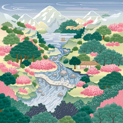 Beautiful Traditional Korean Art Landscape Vector Illustration, KoreanArt Style