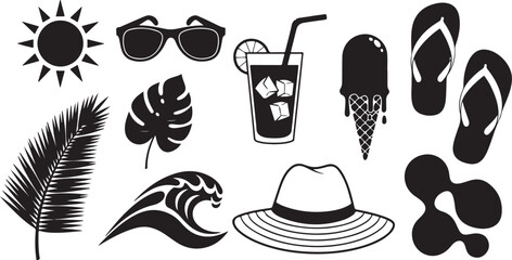 Summer vacation icons black and white set