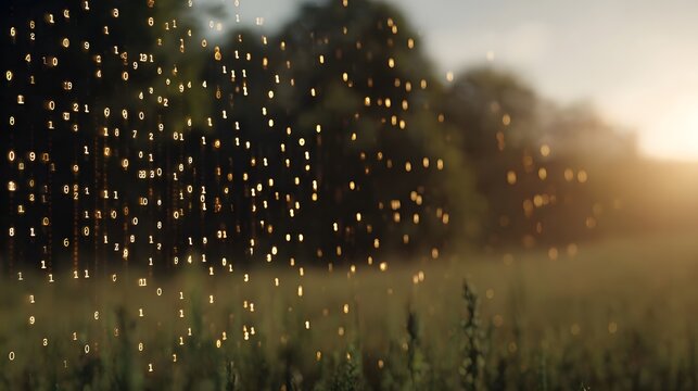 Golden binary data streams float ethereally through a serene sunlit natural landscape at dawn or dusk - Powered by Adobe