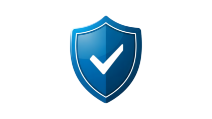 Blue shield icon with white checkmark isolated on transparent background