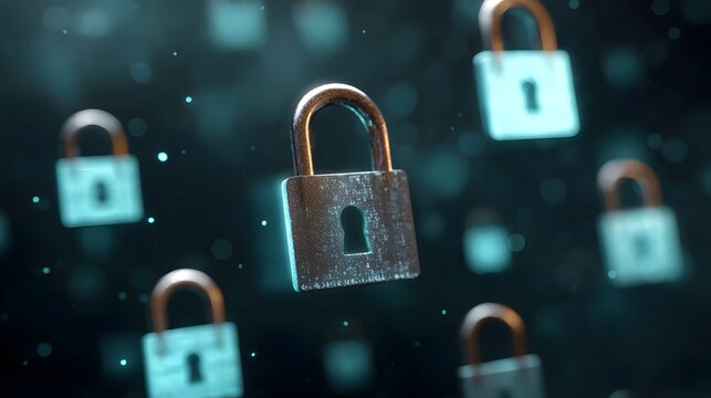 Digital security padlocks floating in a dark glowing cyberspace with bokeh lights