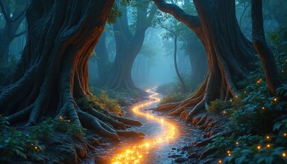 Obraz premium Enchanted forest with a glowing river flowing between giant ancient tree roots. Magical woodland scenery with small bright lights scattered around. Mystical nature path.