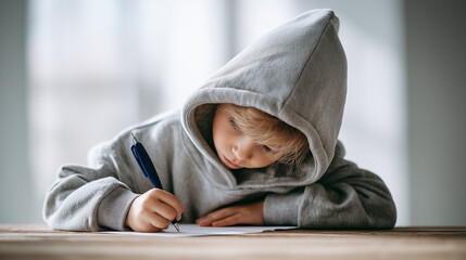 Close-up of a young boy in a grey hooded sweatshirt intensely focused on writing on paper at a simple wooden table