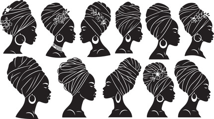 Black woman turban silhouette collection vector