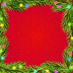 Blank Christmas border, frame with green branch of Christmas tree, fir and lighting, garland with red background. Holiday design, decor. Vector illustration