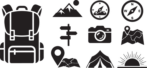Essential black icons for outdoor adventure travel