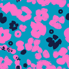 Seamless abstract floral pattern featuring bold hand-painted textured shapes on a blue background. Ideal for textile prints, packaging, wallpapers, fabric design, stationery