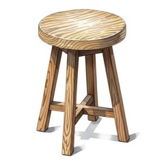 Wooden round seat stool rendered with detailed watercolor style against white background