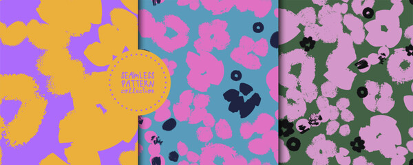 A set of seamless abstract vector patterns featuring hand-drawn organic shapes. Modern artistic backgrounds suitable for textiles, apparel design, packaging, and wallpaper