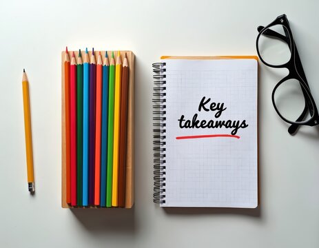 Notebook page with text Key takeaways. Next to it are colored pencils and glasses. Focus is on learning and essential points for study or work projects.