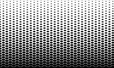 Vector background with a black and white gradient formed by a repeating pattern of hexagons. The geometric structure creates a depth effect, reminiscent of a honeycomb or technological ornament