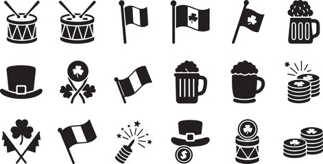 St patricks day celebration icon set black