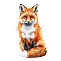 Naklejka premium Detailed watercolor illustration depicts a sitting red fox centered on a white background