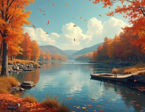 Autumn landscape with colorful trees on lake shore. Bright orange leaves fall from branches onto calm blue water. Small boat floats near wooden pier. Hills covered with fall foliage stretch into