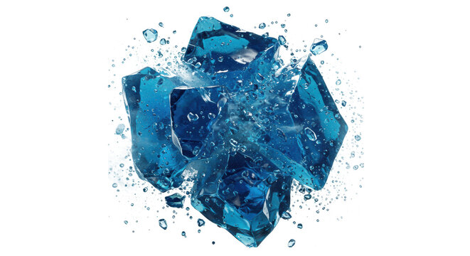 macro close-up of vibrant sapphire blue crystalline soda ice shards violently exploding with liquid particles and mist against a transparent background. concept for commercial flavor advertising