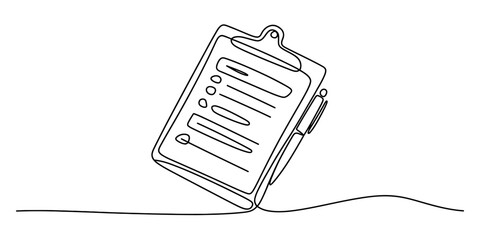 Continuous line drawing of a clipboard with a checklist and a pen for task management Vector, illustration