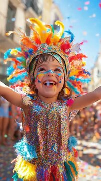 A cheerful child in a vibrant Rio-style costume dances enthusiastically on the streets of Santa Cruz de Tenerife during the lively Carnival parade, surrounded by confetti and happy spectators