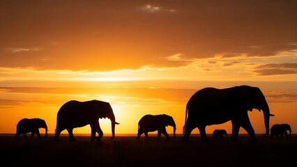 Fototapeta premium Majestic elephants walking in a serene sunset landscape showcasing wildlife tranquility
