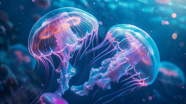 Magical underwater realm: two luminous jellyfish floating in tranquil waters - Powered by Adobe