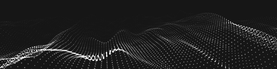 An abstract black and white wave of glowing dots that creates the illusion of moving waves on a dark background. The visualization resembles a dynamic 3D vector wave that combines technology and