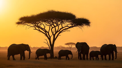 Fototapeta premium Serene African Savannah Scene Featuring a Group of Elephants and Iconic Acacia Trees During Sunset