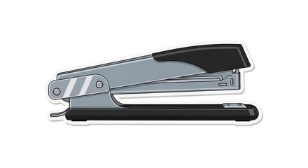 Stapler illustration featuring gray metal and black plastic construction depicted as a sticker