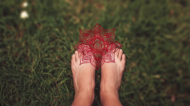 first chakra root chakra red lotus symbol on the ground with bare feet on the grass soil. grounding rooting earthing back to the roots muladhara 1st chakra