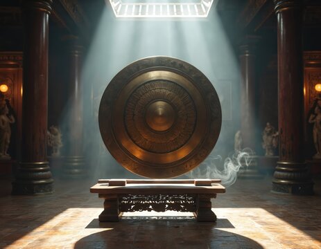 Large bronze gong rests on ornated wooden stand in dimly lit hall. Light beam shines from ceiling onto percussion instrument. Smoke wisps rise near gong, suggesting recent use or impending striking.