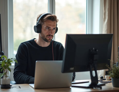 Man works on laptop with two monitors and headphones. He is focused on computer screen in home office setup. Casual entrepreneur works remotely using tech gadgets, concentrated on online job. - Powered by Adobe