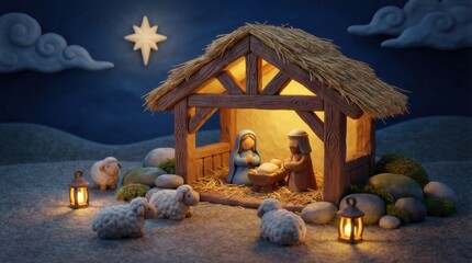 Claymation Nativity Scene with Star of Bethlehem and Sheep Under a Night Sky