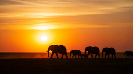 Fototapeta premium Serene sunset over a herd of elephants traversing open plains at dusk