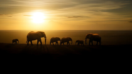 Fototapeta premium Serene Sunset Over African Elephants Moving Across the Plains in Silhouette