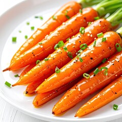 Close-up of glazed carrots on a white plate, garnished with green onions