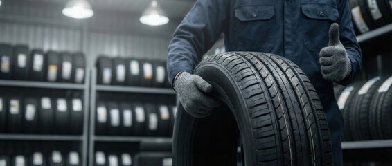 Mechanic holding a new tire and giving a thumbs up in a tire shop