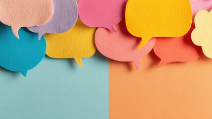 Colorful paper speech bubbles placed on two different background colors