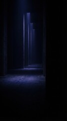 Dark concrete corridor with dramatic blue light beams illuminating the floor