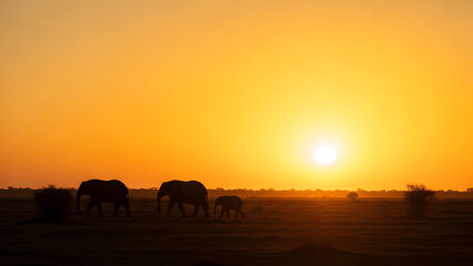 Obraz premium Serene African sunset showcasing majestic elephants journeying across the vast plains
