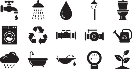 Water conservation and plumbing icon set vector
