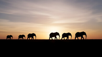 Fototapeta premium Serene silhouette of elephants gracefully migrating across a vast plain during a breathtaking sunset