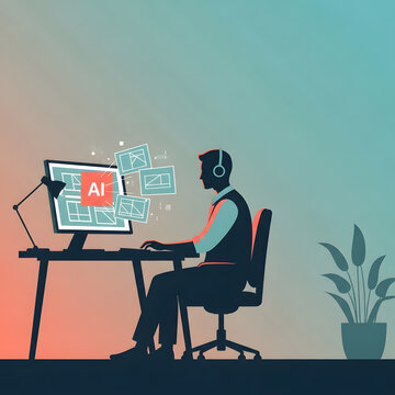 Ilustraci&oacute;n de agente con auriculares usando inteligencia artificial en ordenador, concepto de atenci&oacute;n al cliente, soporte t&eacute;cnico, centro de contacto y automatizaci&oacute;n conversacional