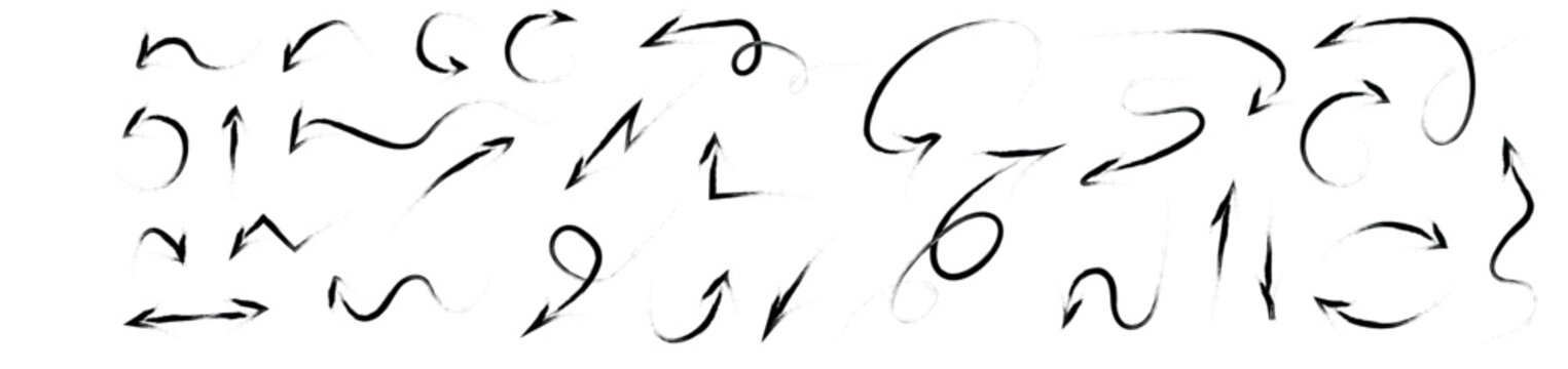 Diverse collection of sketchy black hand drawn arrows showing multiple directions and curves suitable for annotating documents or guiding viewers in business flowcharts and plans