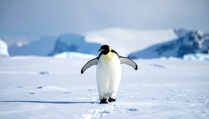 Fototapeta premium A solitary Emperor penguin confidently strides across a vast snow-covered terrain, mountains forming a distant backdrop under a blue sky