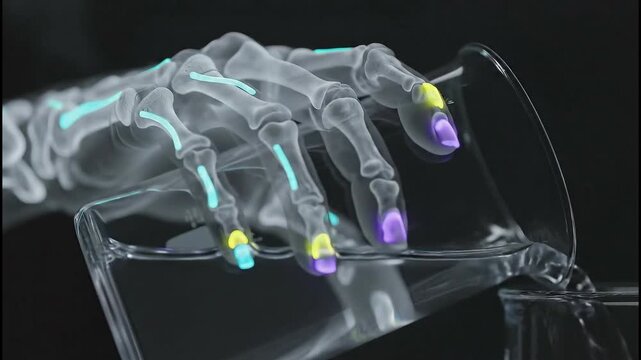 X-ray of a human hand interacting with a transparent device, highlighting bones and joints with vibrant colors.