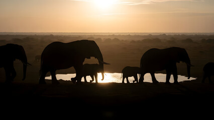 Fototapeta premium Serene African Sunset Scene with Migrant Elephants Crossing Water Reflection