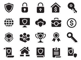 Collection of 20 glyph style icons representing security finance and business concepts